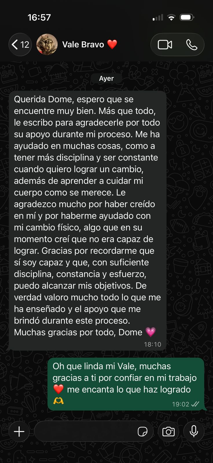 Testimonio de Vale B. por WhatsApp